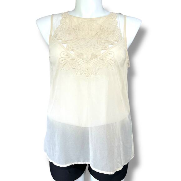 Kenar Womens Sheer Blouse Tank Top Embroidered Floral Design Button Down Beige - Picture 1 of 9